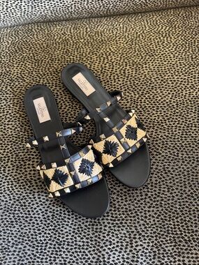 Valentino Black & Natural Raffia Rockstud Slide Sandals